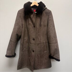Gallery Petite Brown Faux Fur Trimmed Coat Womens PS Acrylic Outdoors Warm Teddy